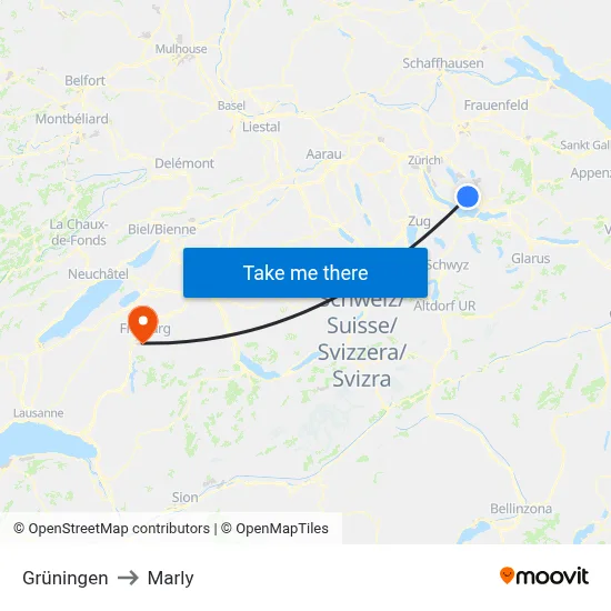 Grüningen to Marly map