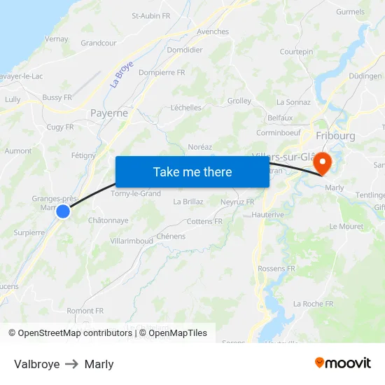 Valbroye to Marly map