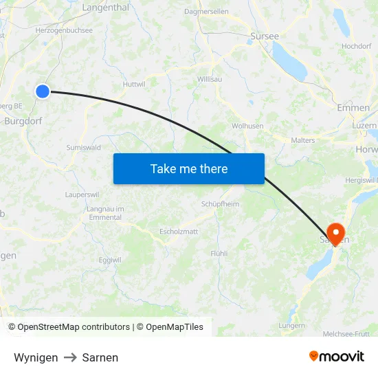 Wynigen to Sarnen map