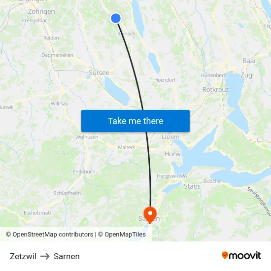 Zetzwil to Sarnen map