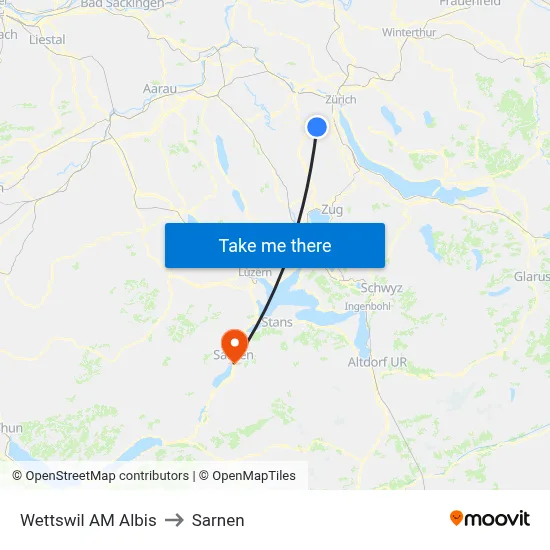 Wettswil AM Albis to Sarnen map