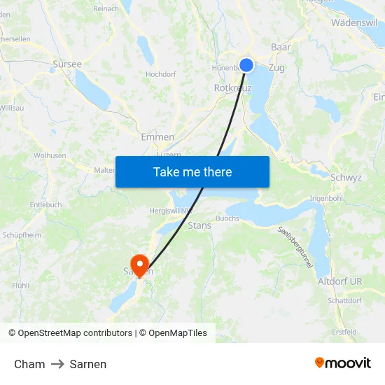 Cham to Sarnen map