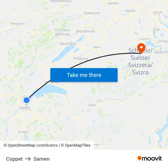 Coppet to Sarnen map