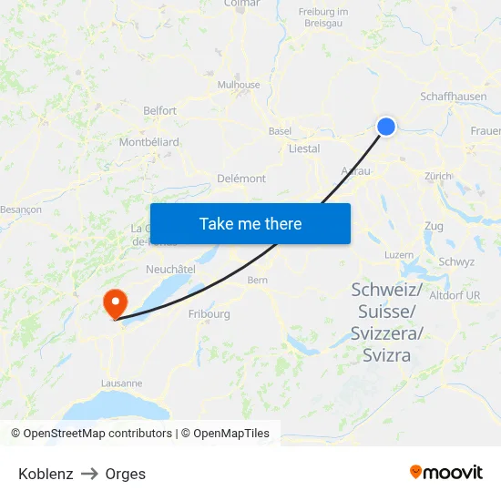 Koblenz to Orges map
