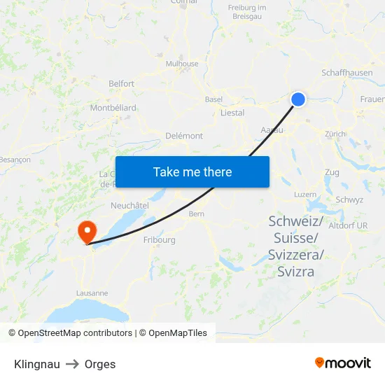 Klingnau to Orges map