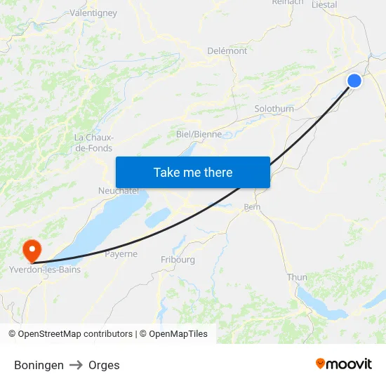 Boningen to Orges map