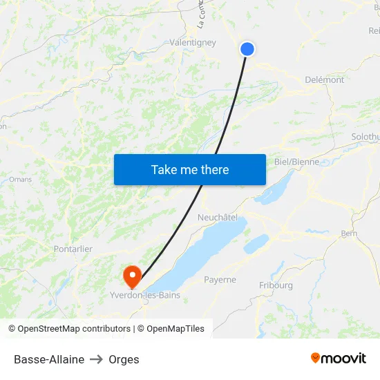 Basse-Allaine to Orges map