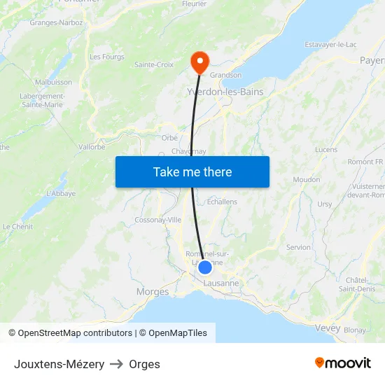 Jouxtens-Mézery to Orges map