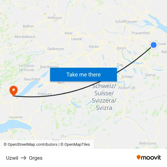Uzwil to Orges map