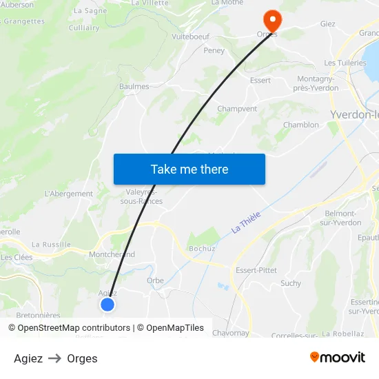 Agiez to Orges map