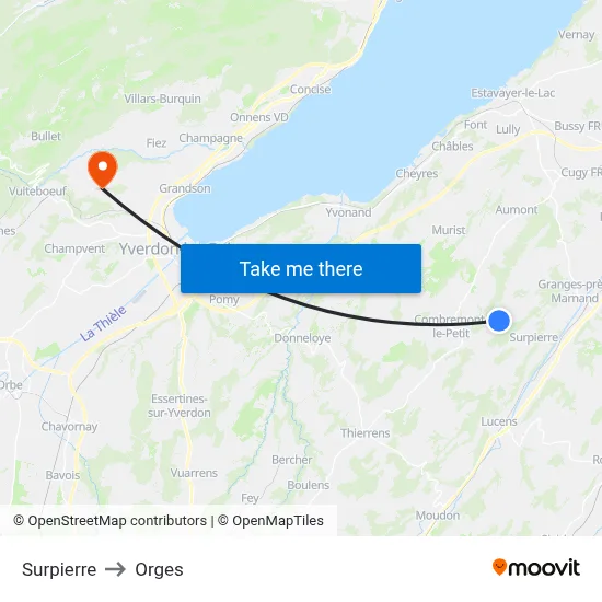 Surpierre to Orges map