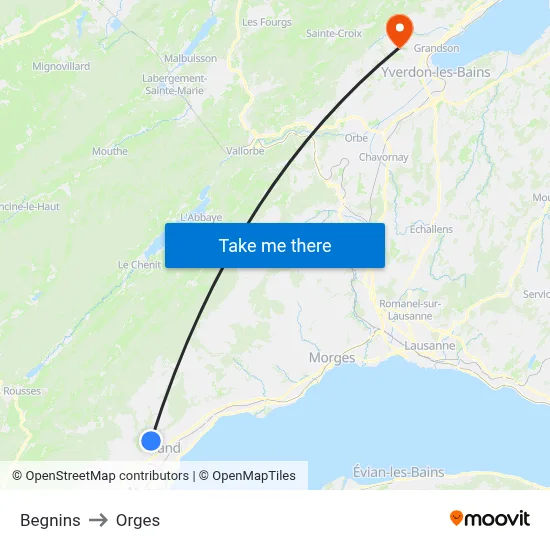 Begnins to Orges map
