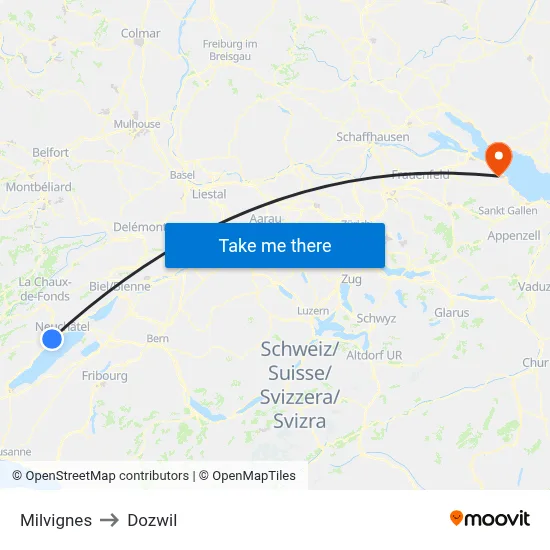 Milvignes to Dozwil map