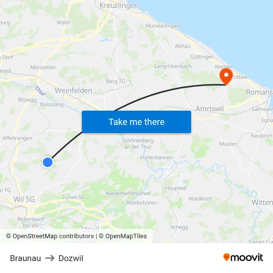 Braunau to Dozwil map