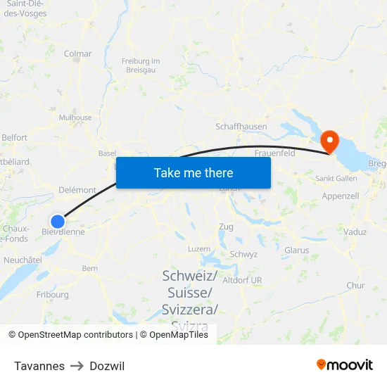 Tavannes to Dozwil map