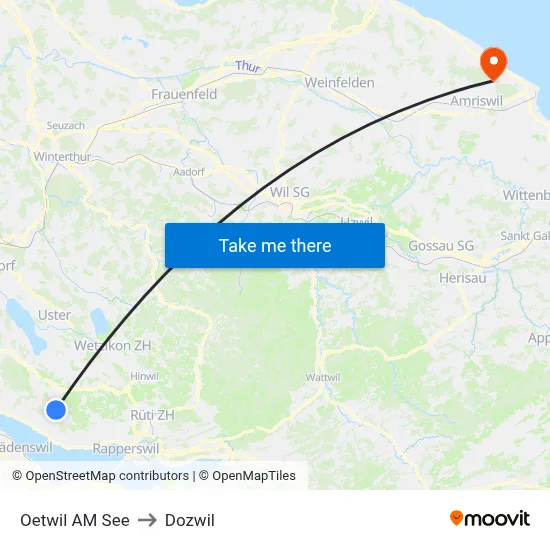 Oetwil AM See to Dozwil map