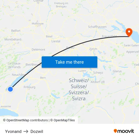 Yvonand to Dozwil map