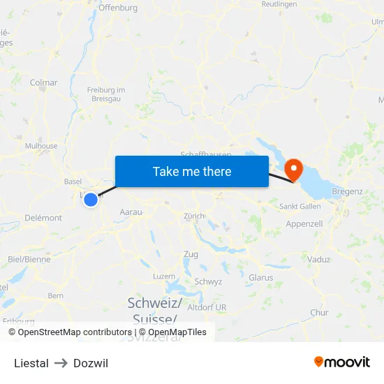 Liestal to Dozwil map