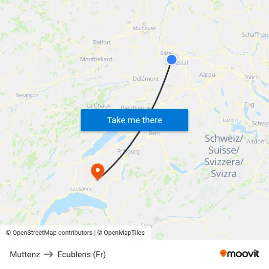 Muttenz to Ecublens (Fr) map