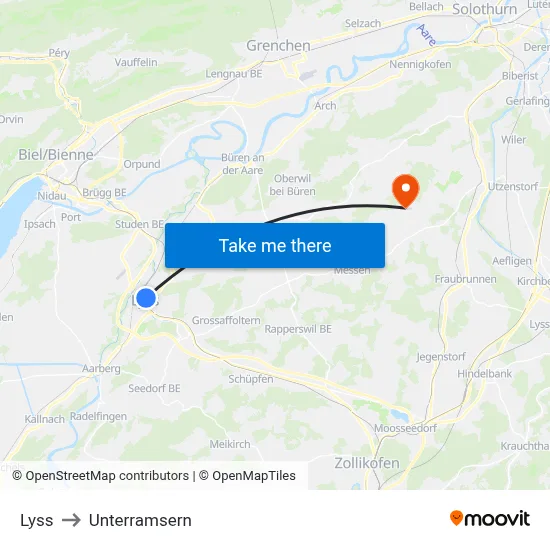 Lyss to Unterramsern map