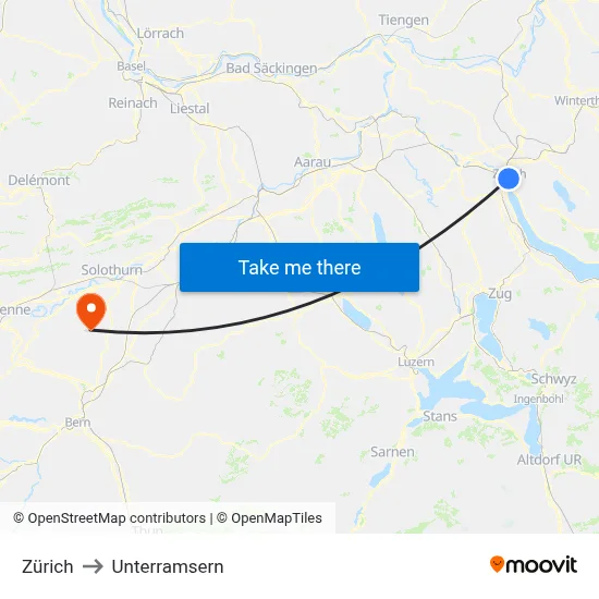 Zürich to Unterramsern map