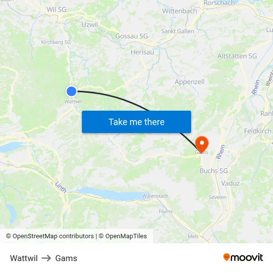Wattwil to Gams map