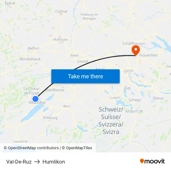 Val-De-Ruz to Humlikon map