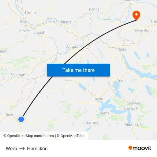 Worb to Humlikon map