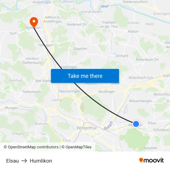 Elsau to Humlikon map