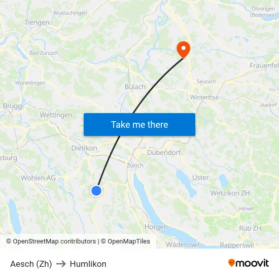 Aesch (Zh) to Humlikon map