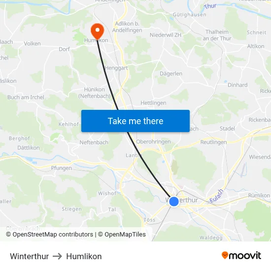 Winterthur to Humlikon map