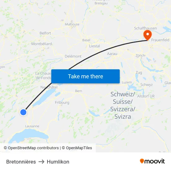 Bretonnières to Humlikon map