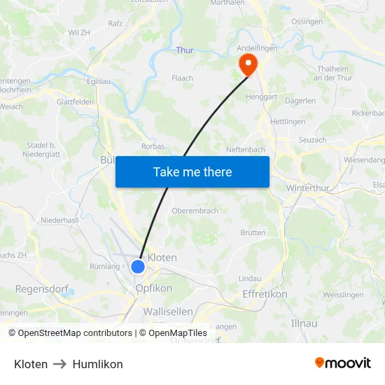 Kloten to Humlikon map
