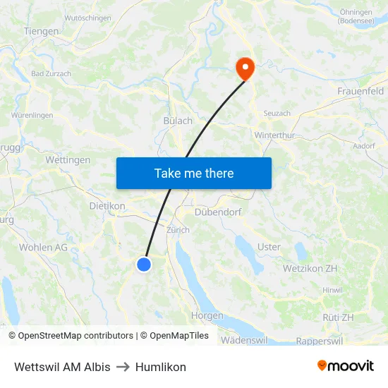 Wettswil AM Albis to Humlikon map