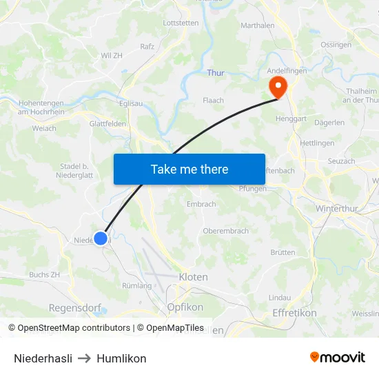 Niederhasli to Humlikon map