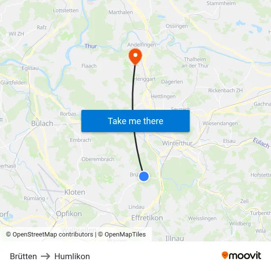 Brütten to Humlikon map