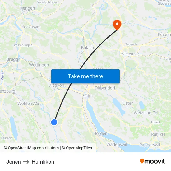 Jonen to Humlikon map