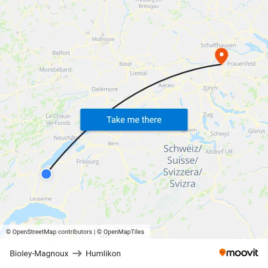 Bioley-Magnoux to Humlikon map