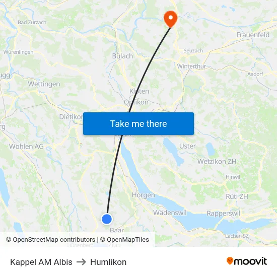 Kappel AM Albis to Humlikon map