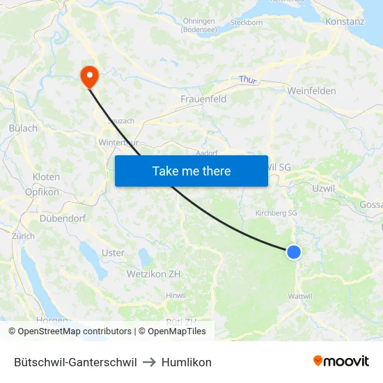 Bütschwil-Ganterschwil to Humlikon map