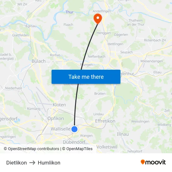 Dietlikon to Humlikon map