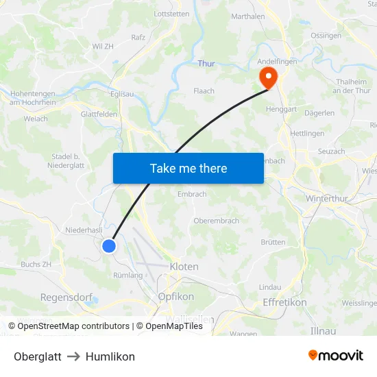 Oberglatt to Humlikon map