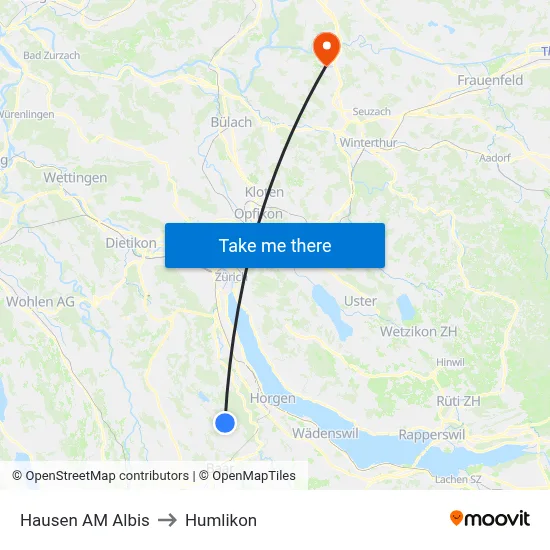 Hausen AM Albis to Humlikon map