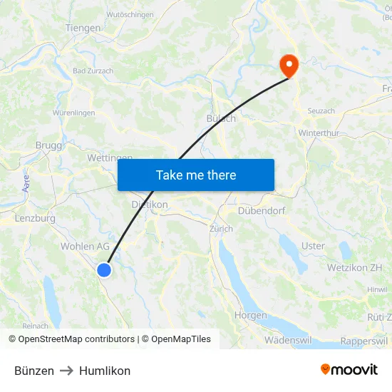 Bünzen to Humlikon map