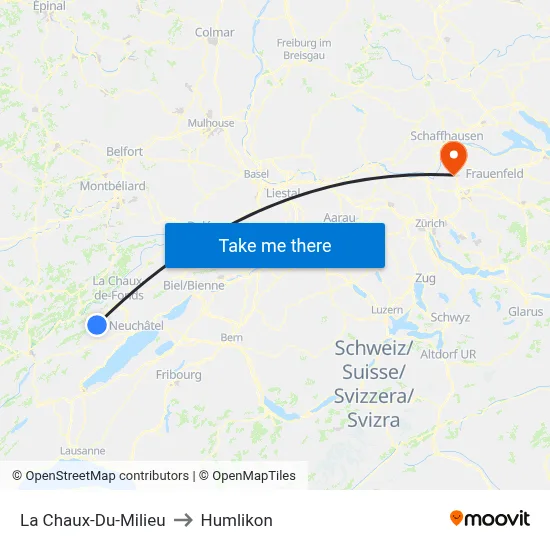 La Chaux-Du-Milieu to Humlikon map