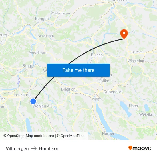 Villmergen to Humlikon map