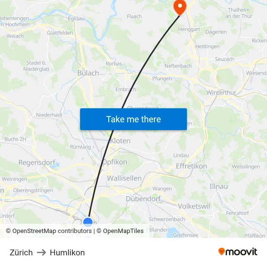 Zürich to Humlikon map