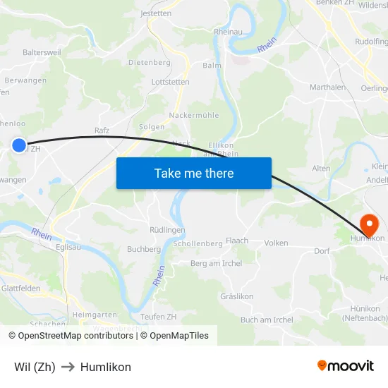 Wil (Zh) to Humlikon map