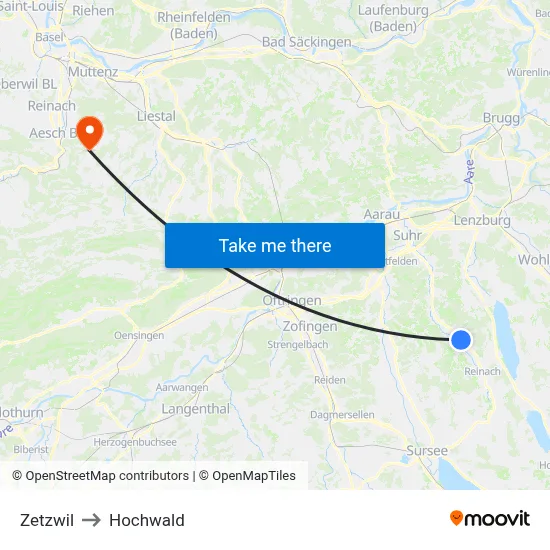 Zetzwil to Hochwald map