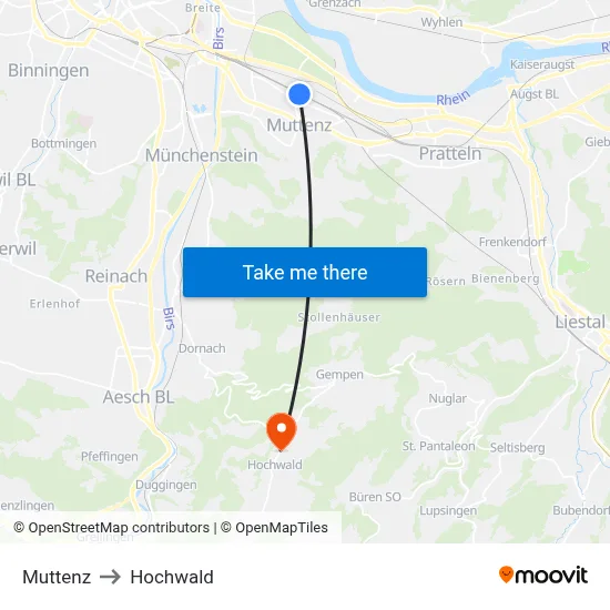 Muttenz to Hochwald map